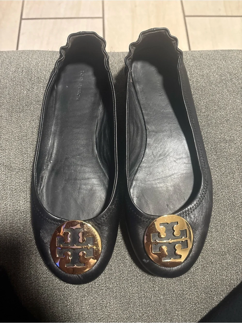Tory Burch Black Leather Flats with Gold Logo Medallions